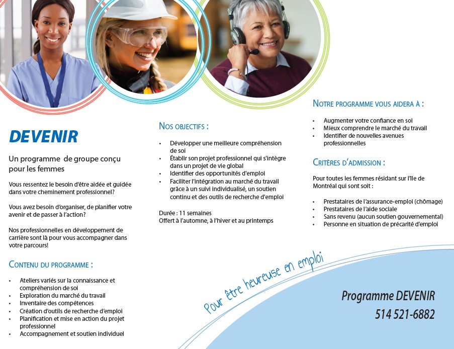 depliant_devenir_2026 Image du dépliant : DEVENIR Le Centre des Femmes du Plateau-Mont-Royal offre aux femmes ce programme d'accompagnement vers l'emploi. d'accompagnement vers l'emploi